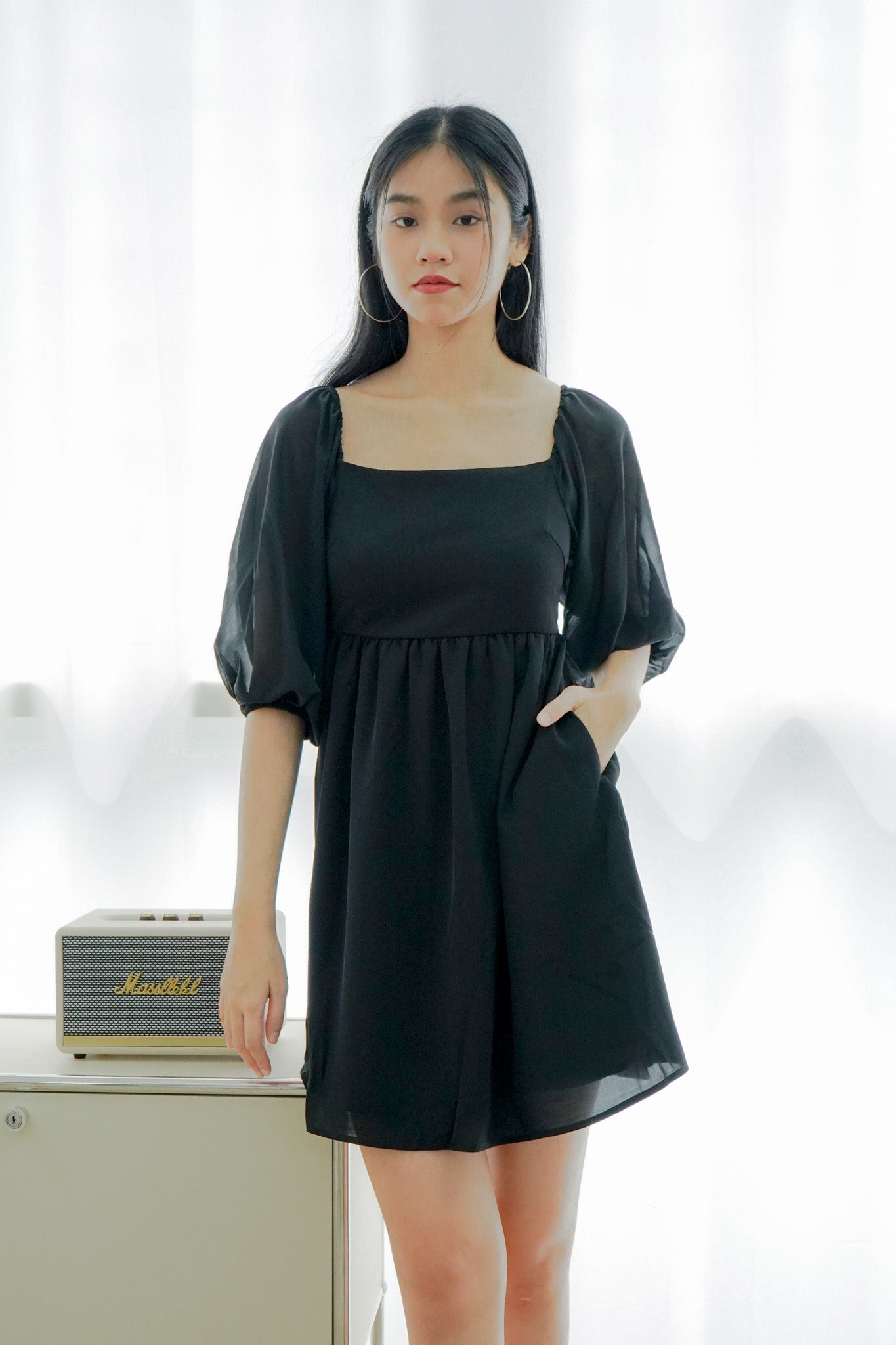 Sienna Half-sleeve Babydoll Dress (Black)