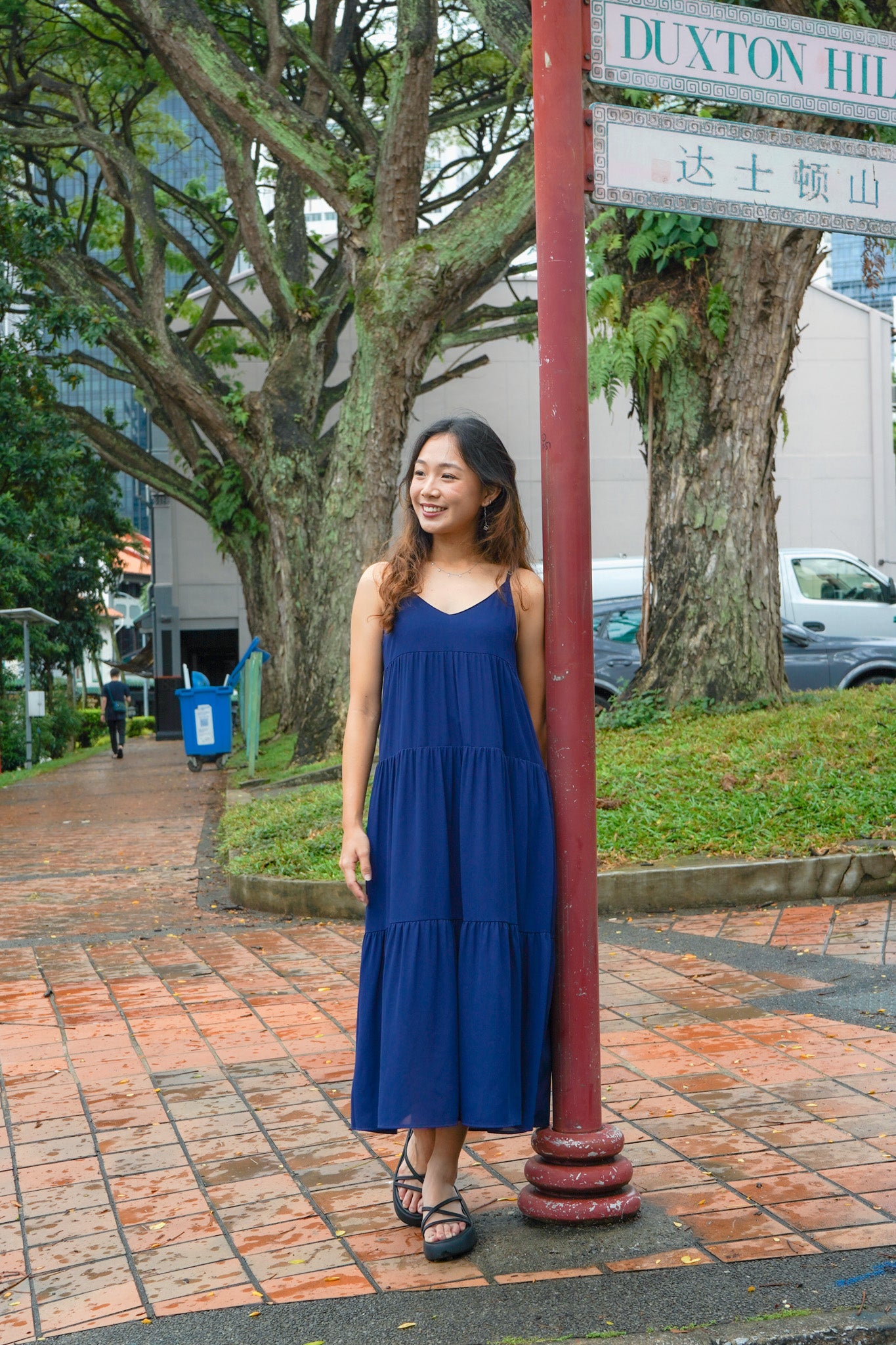 Emma Flowy Ruffles V-neck Navy Maxi Dress