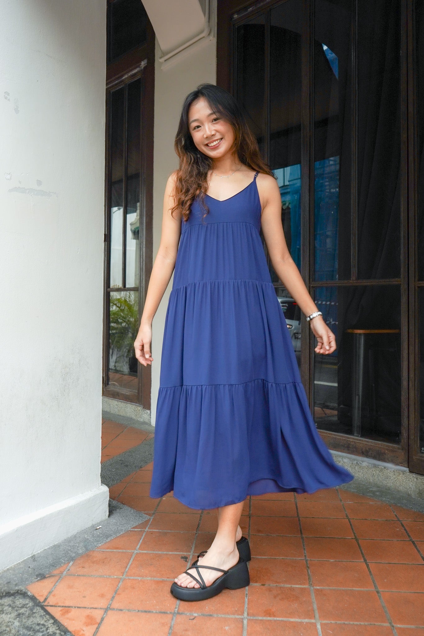 Emma Flowy Ruffles V-neck Navy Maxi Dress