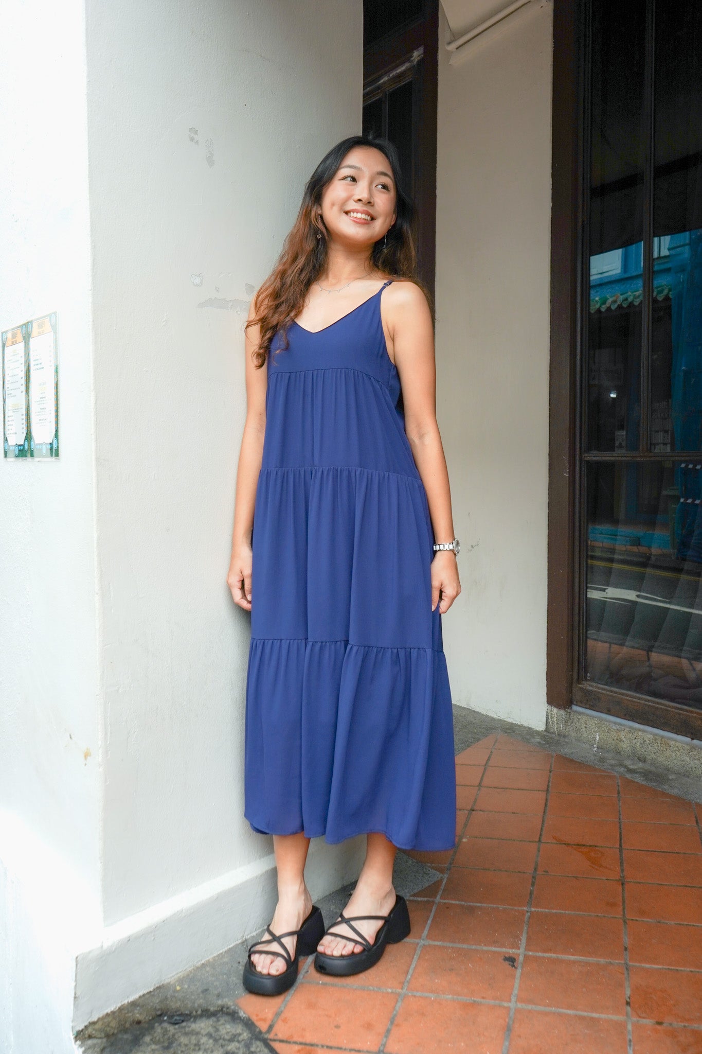 Emma Flowy Ruffles V-neck Navy Maxi Dress