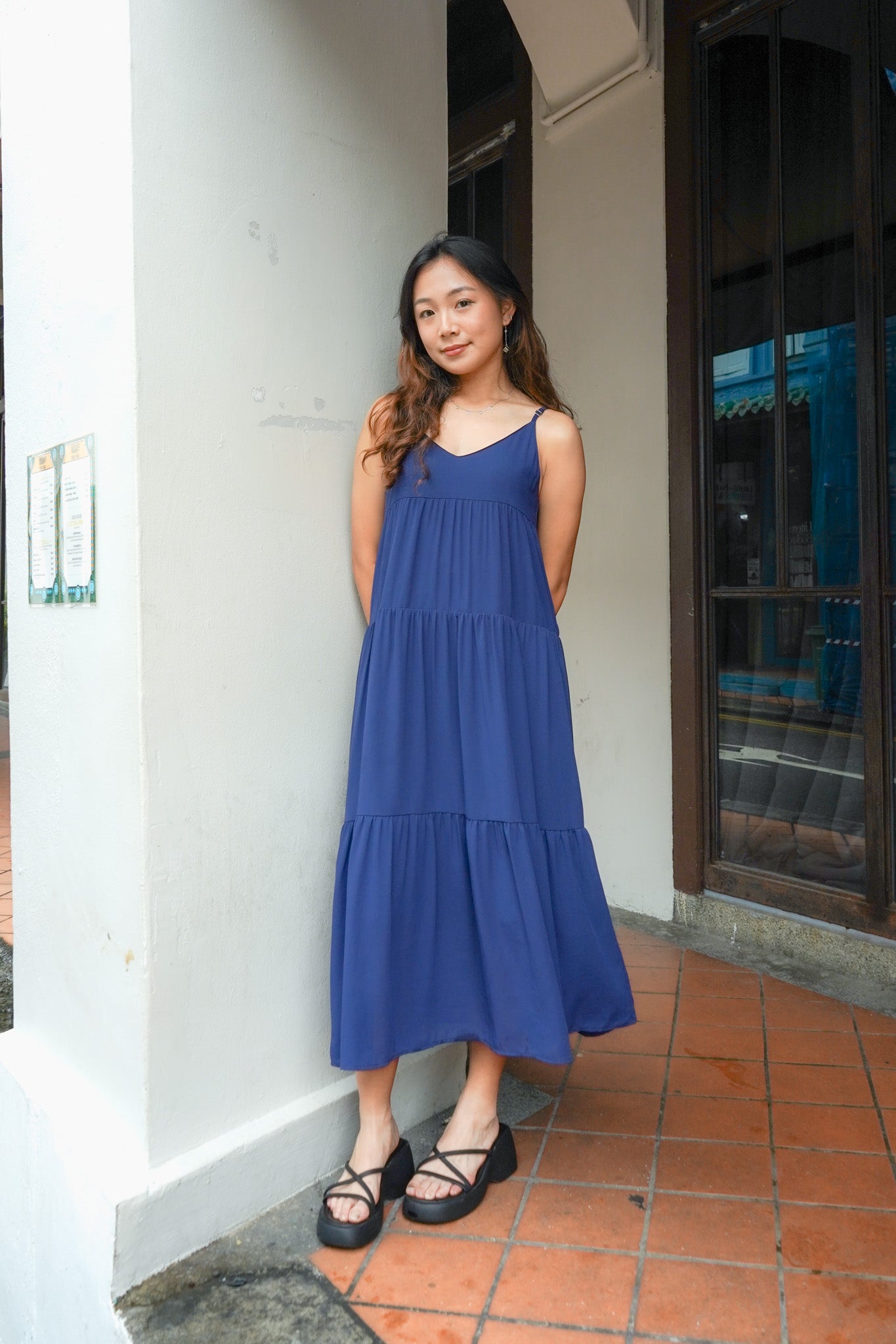 Emma Flowy Ruffles V-neck Navy Maxi Dress