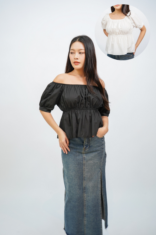 Meredith Fit & Flare 2 way Puffed Sleeve Top (Black)