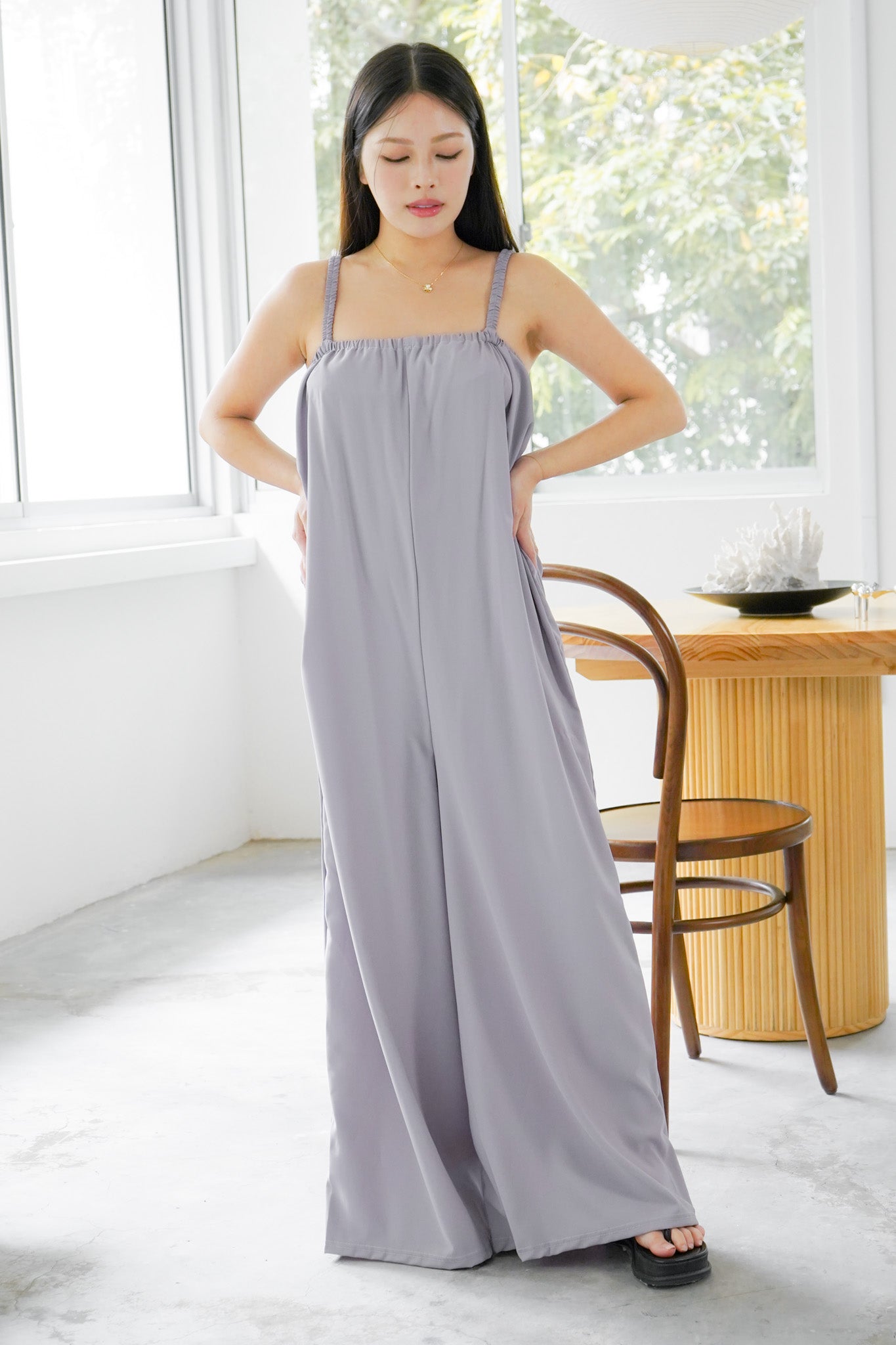 Tessa Elastic Strap Wide Leg Jumpsuit (Grey)
