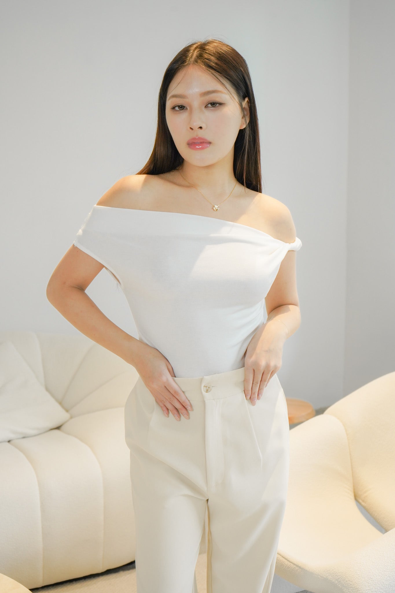 Belinda Asymmetric Off Shoulder Top (White)