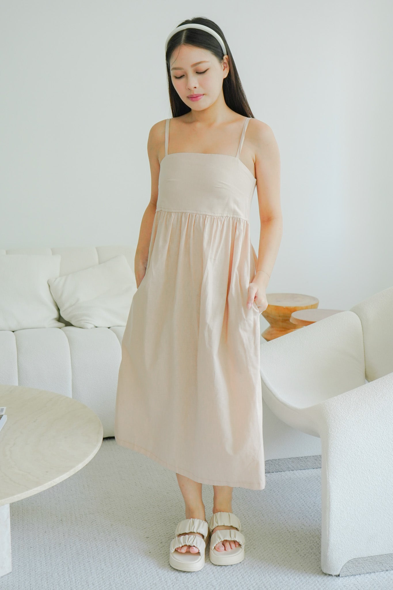 Alora Linen Maxi Dress with Adjustable Straps (Almond Pink)