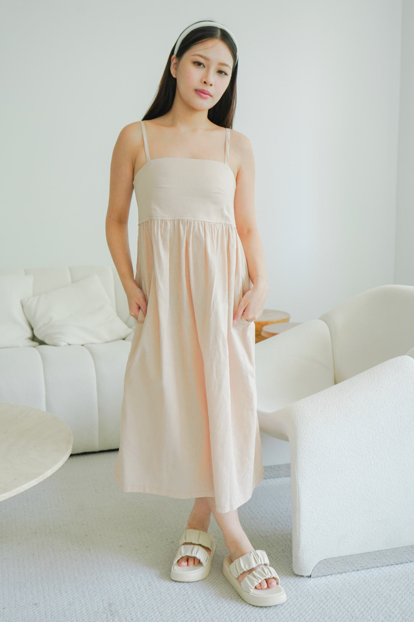 Alora Linen Maxi Dress with Adjustable Straps (Almond Pink)