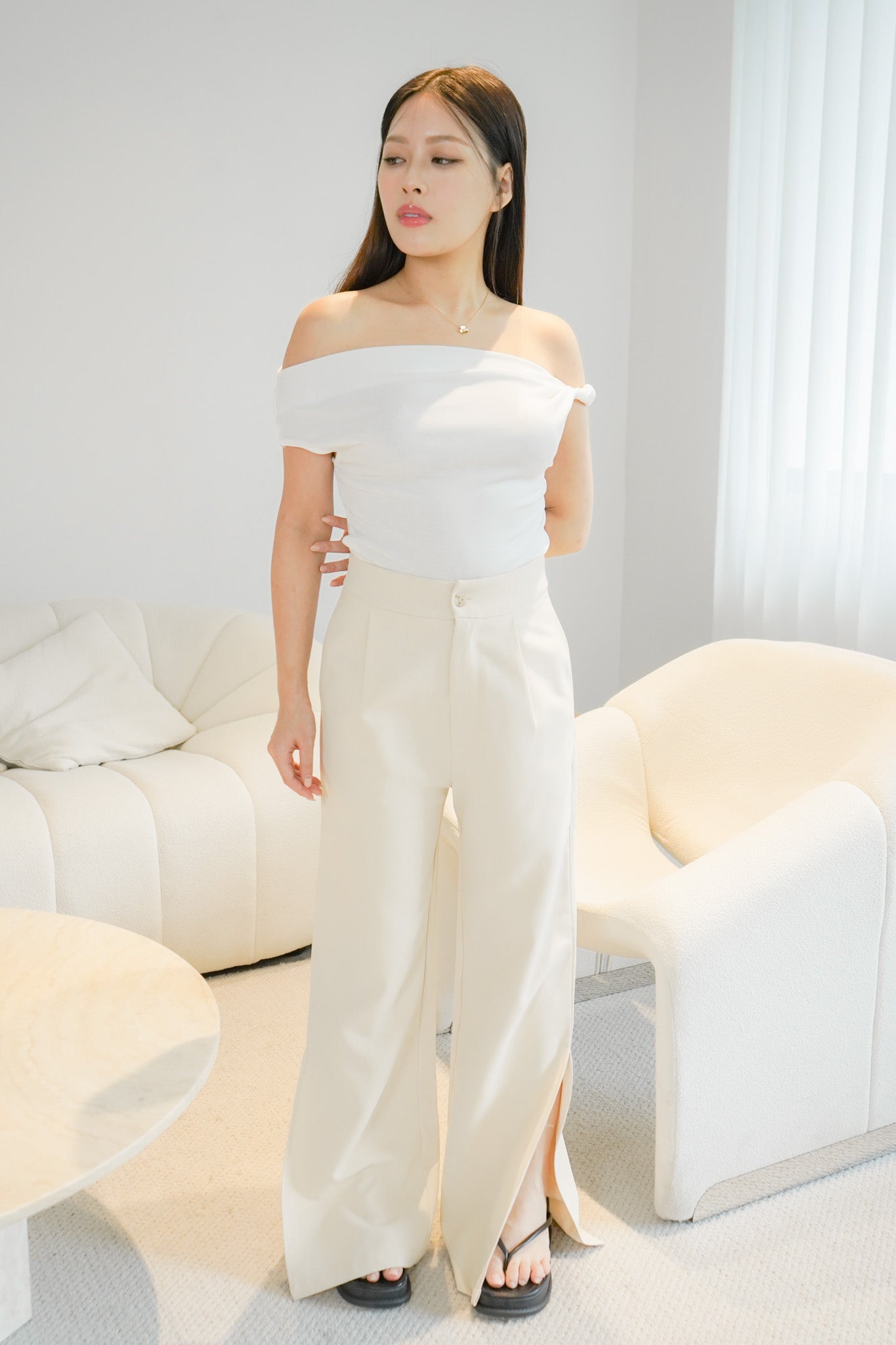 Belinda Asymmetric Off Shoulder Top (White)