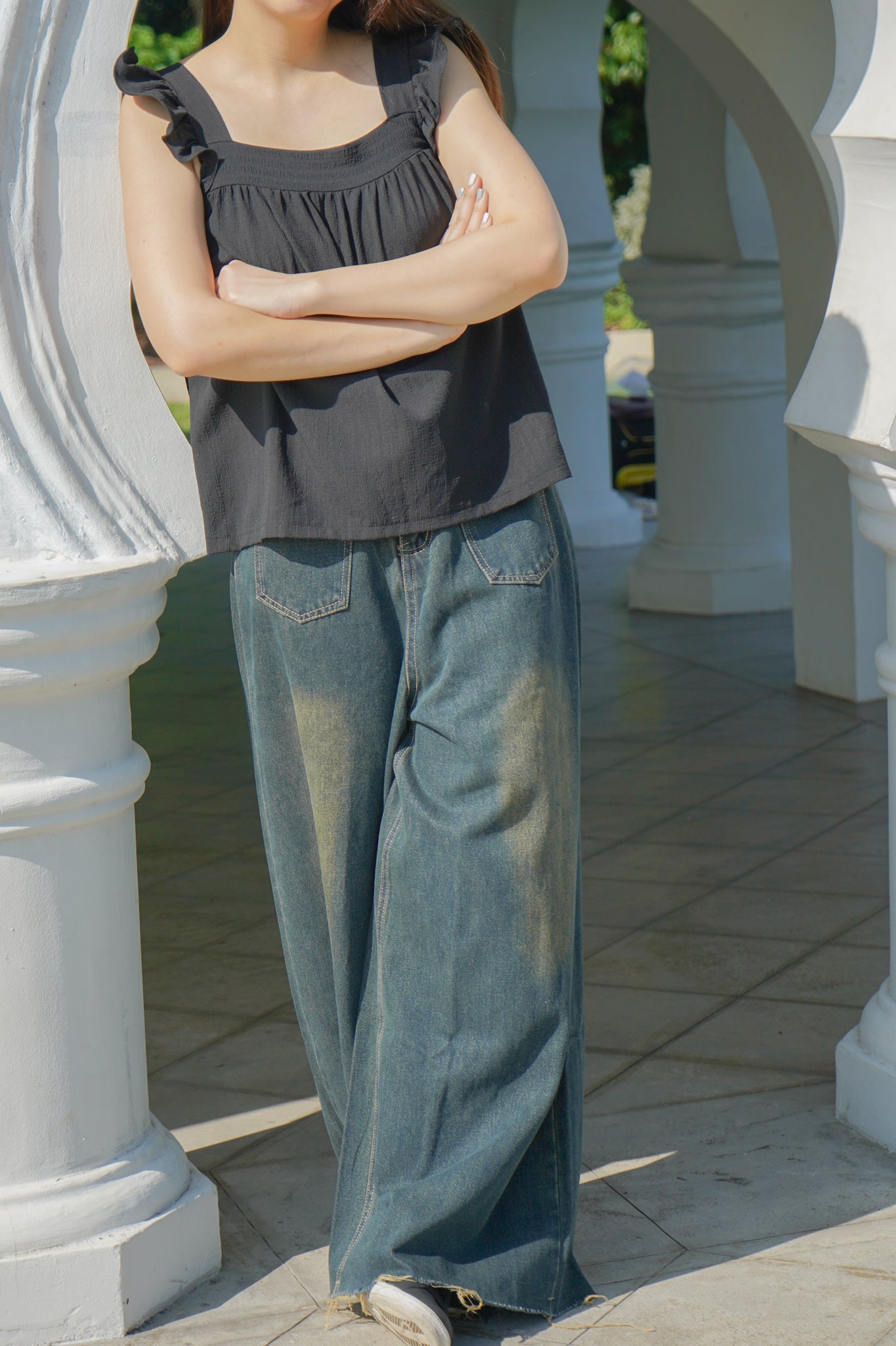 Flutter Textured Babydoll Top (Black)