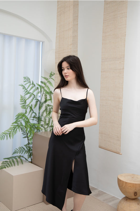 Ariel Cowl Neck Sleeveless Satin Midi (Silver Sage/ Lavender/ Black/ Pink)