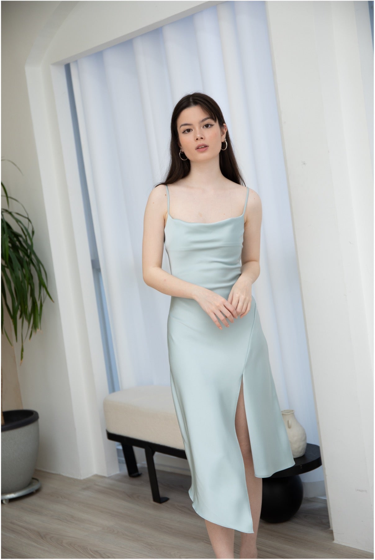 Ariel Cowl Neck Sleeveless Satin Midi (Silver Sage/ Lavender/ Black/ Pink)