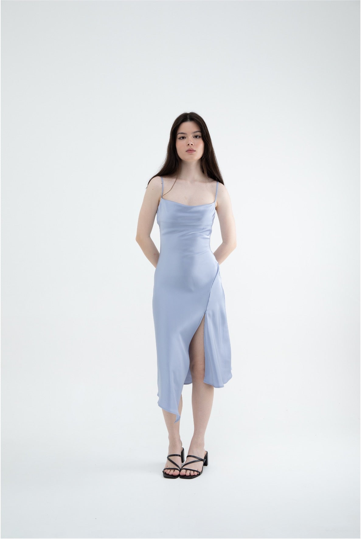Ariel Cowl Neck Sleeveless Satin Midi (Silver Sage/ Lavender/ Black/ Pink)