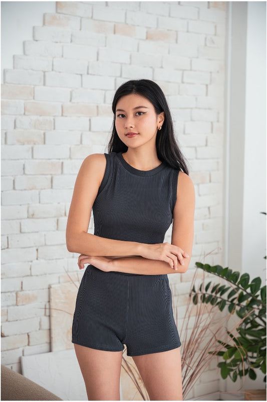 Round Neck Double Coloured Ribbed Top (Brown / Black)