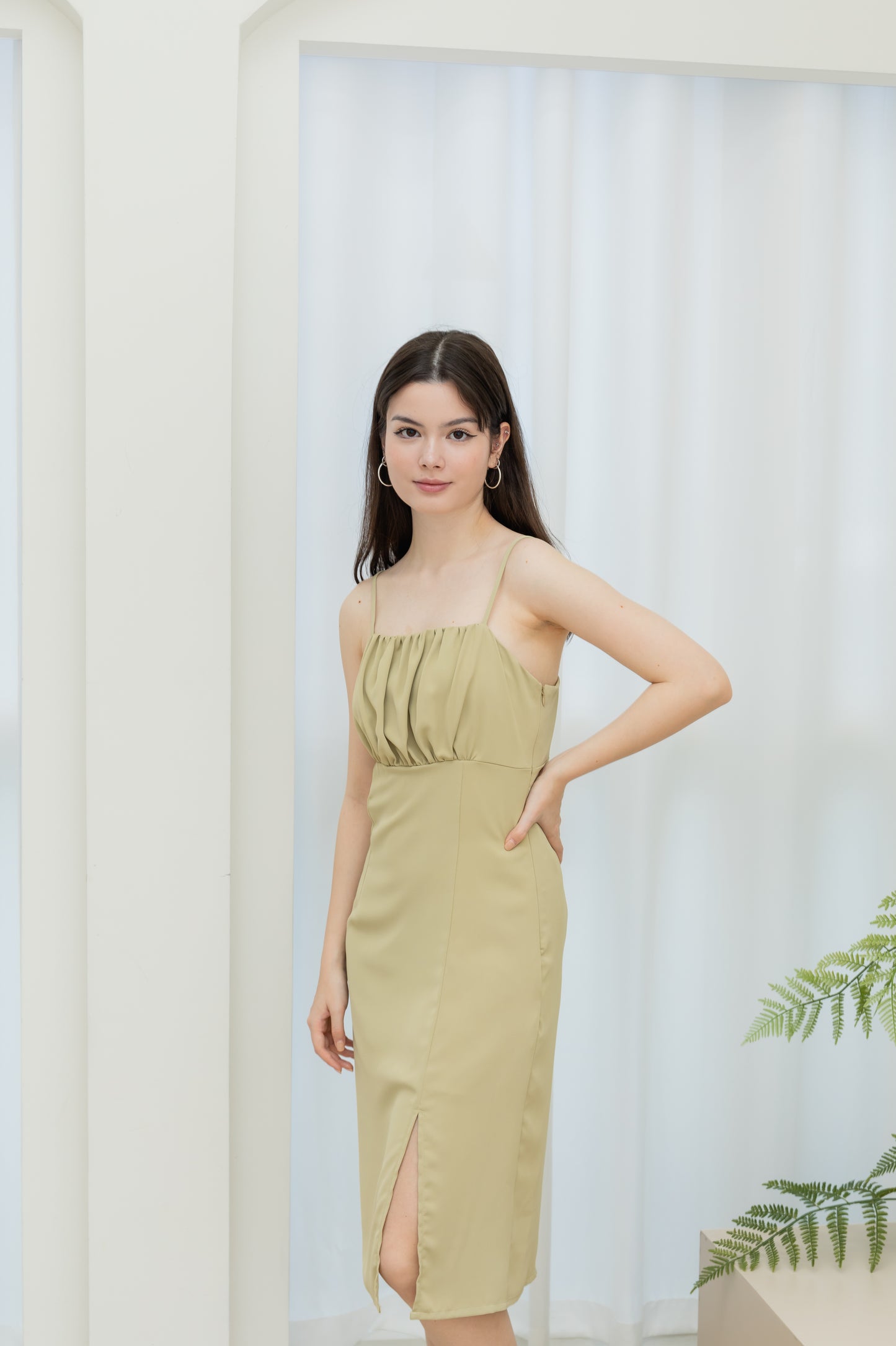 Clara Ruched Dress (Avocado Green / Buttermilk Yellow)
