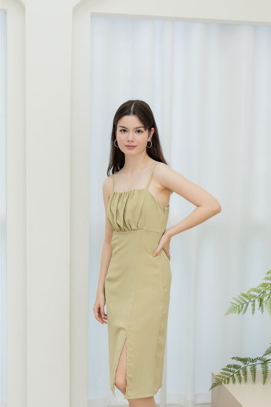 Clara Ruched Dress (Avocado Green / Buttermilk Yellow)