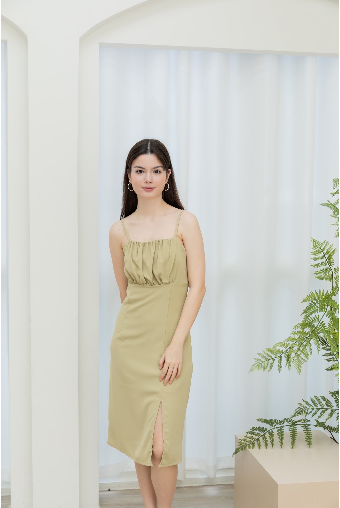 Clara Ruched Dress (Avocado Green / Buttermilk Yellow)
