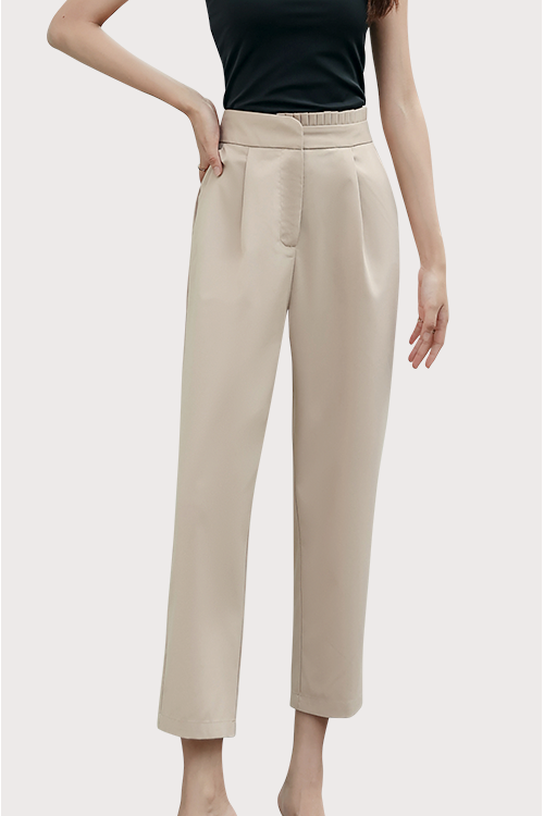 Half-Pleated High Waisted Straight Cut Tan Pants