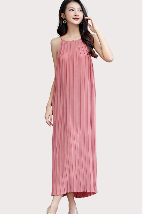 Halter Pleated Sleeveless Maxi Dress