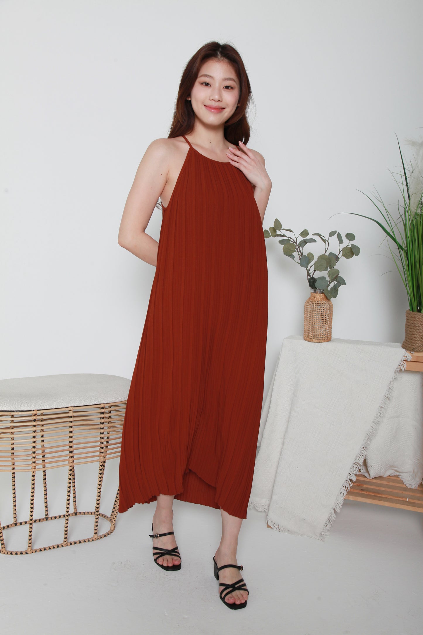 Halter Pleated Sleeveless Maxi Dress