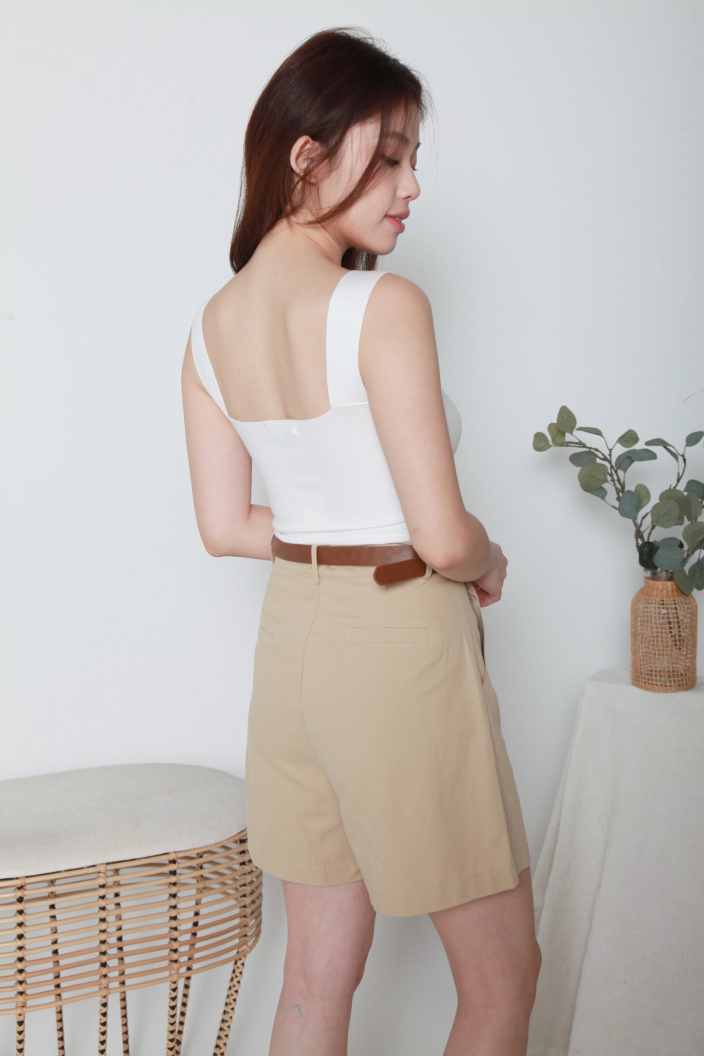 brown straight cut cotton shorts with top.