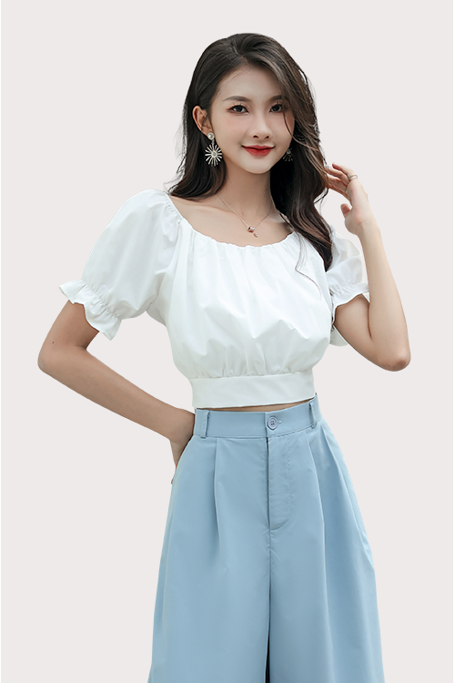 Puffed Sleeves White Crop Top