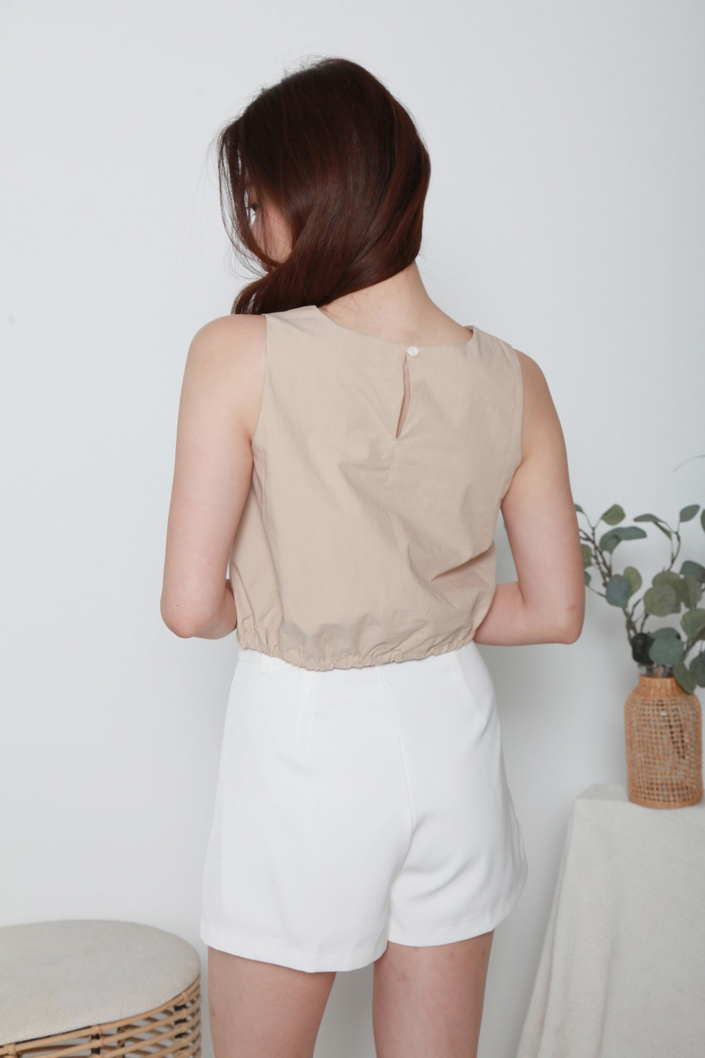 Kit Sleeveless Cotton Crop Top with Elastic Band (Almond)