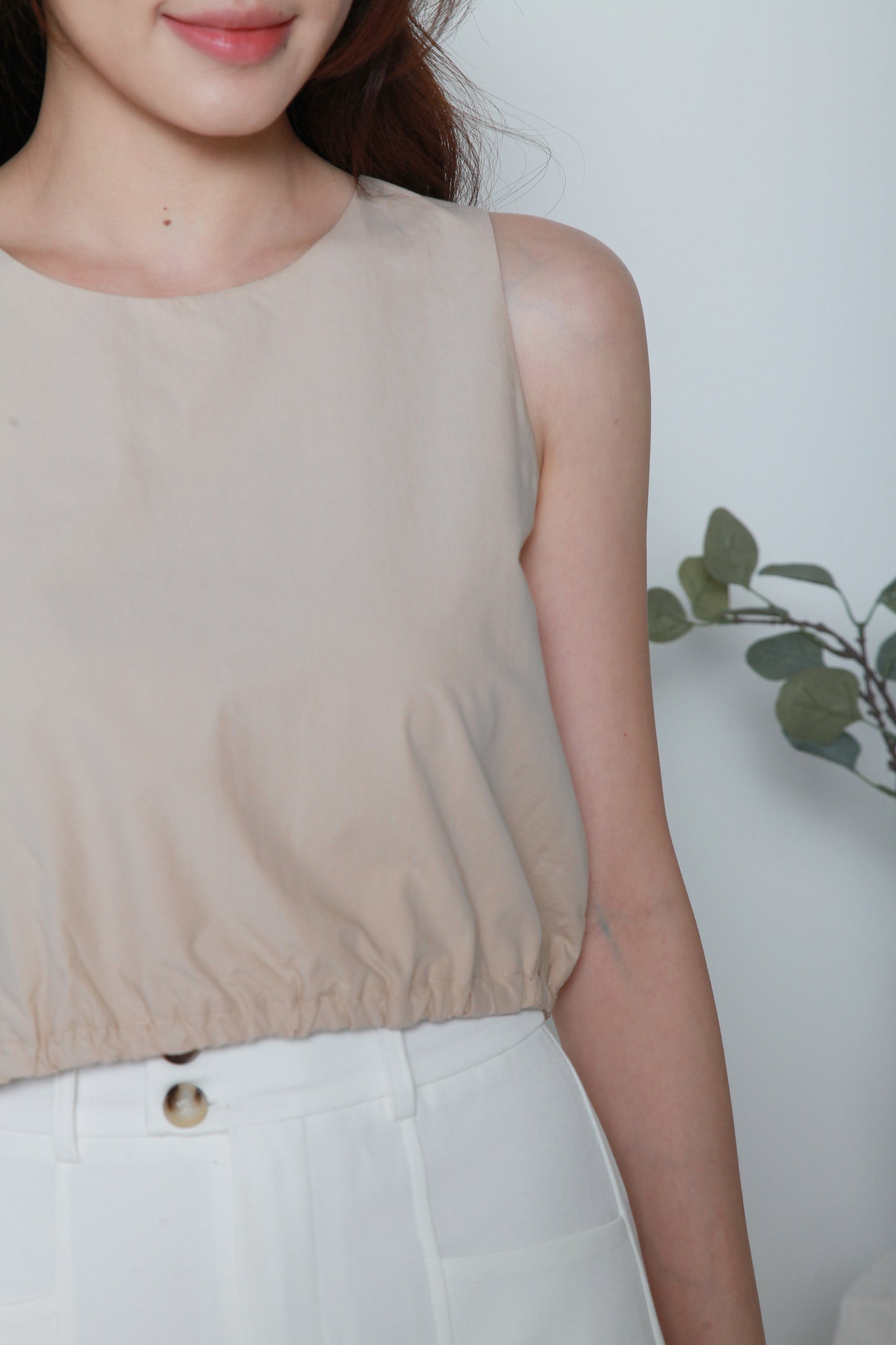 Kit Sleeveless Cotton Crop Top with Elastic Band (Almond)