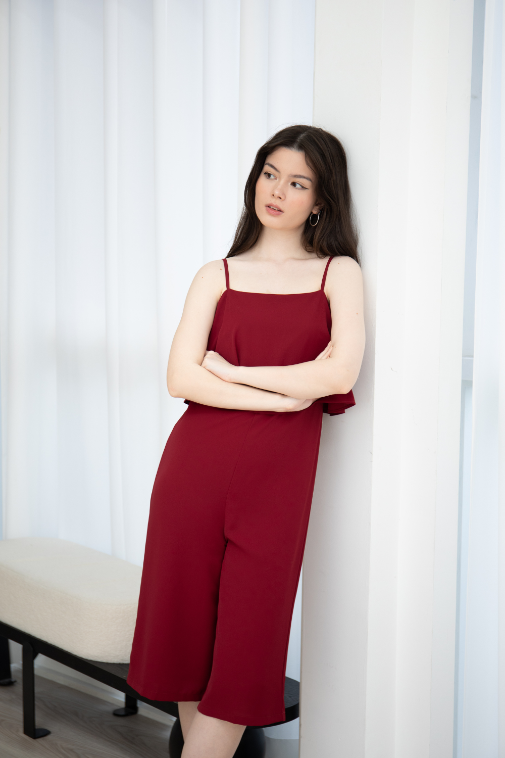 Sleeveless Tiered Jumpsuit (Maroon / Tortilla Brown)