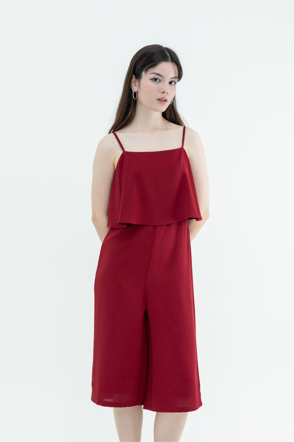 Sleeveless Tiered Jumpsuit (Maroon / Tortilla Brown)