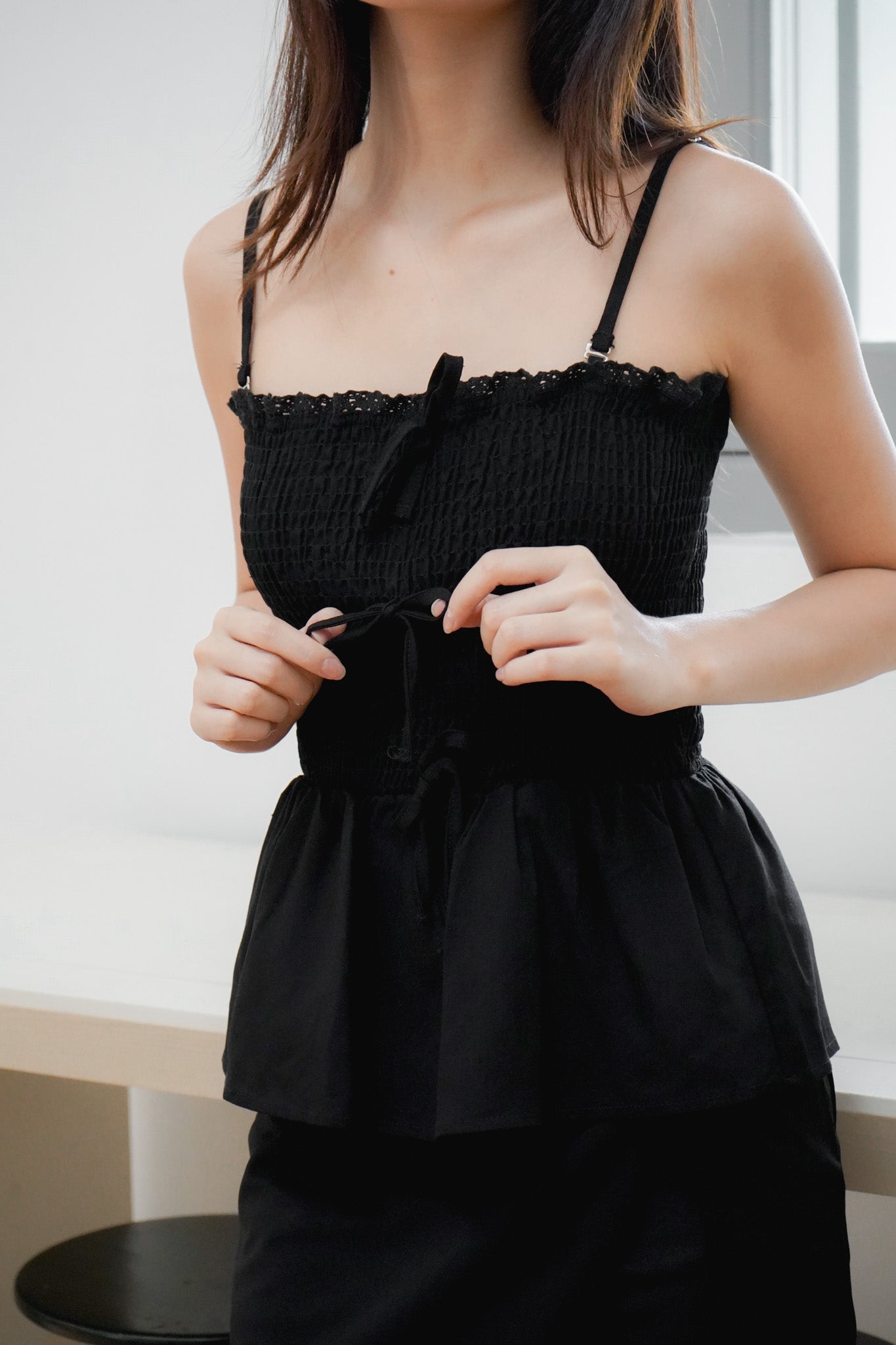 Amelie Smocked Ribbon Top with Detachable Straps (Black)