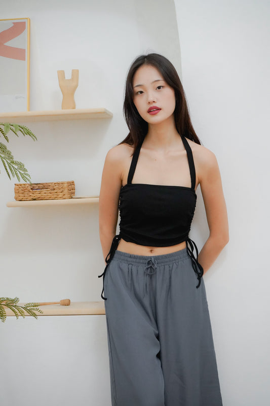Poppy Padded Halterneck Top with Side Ruching (Black)