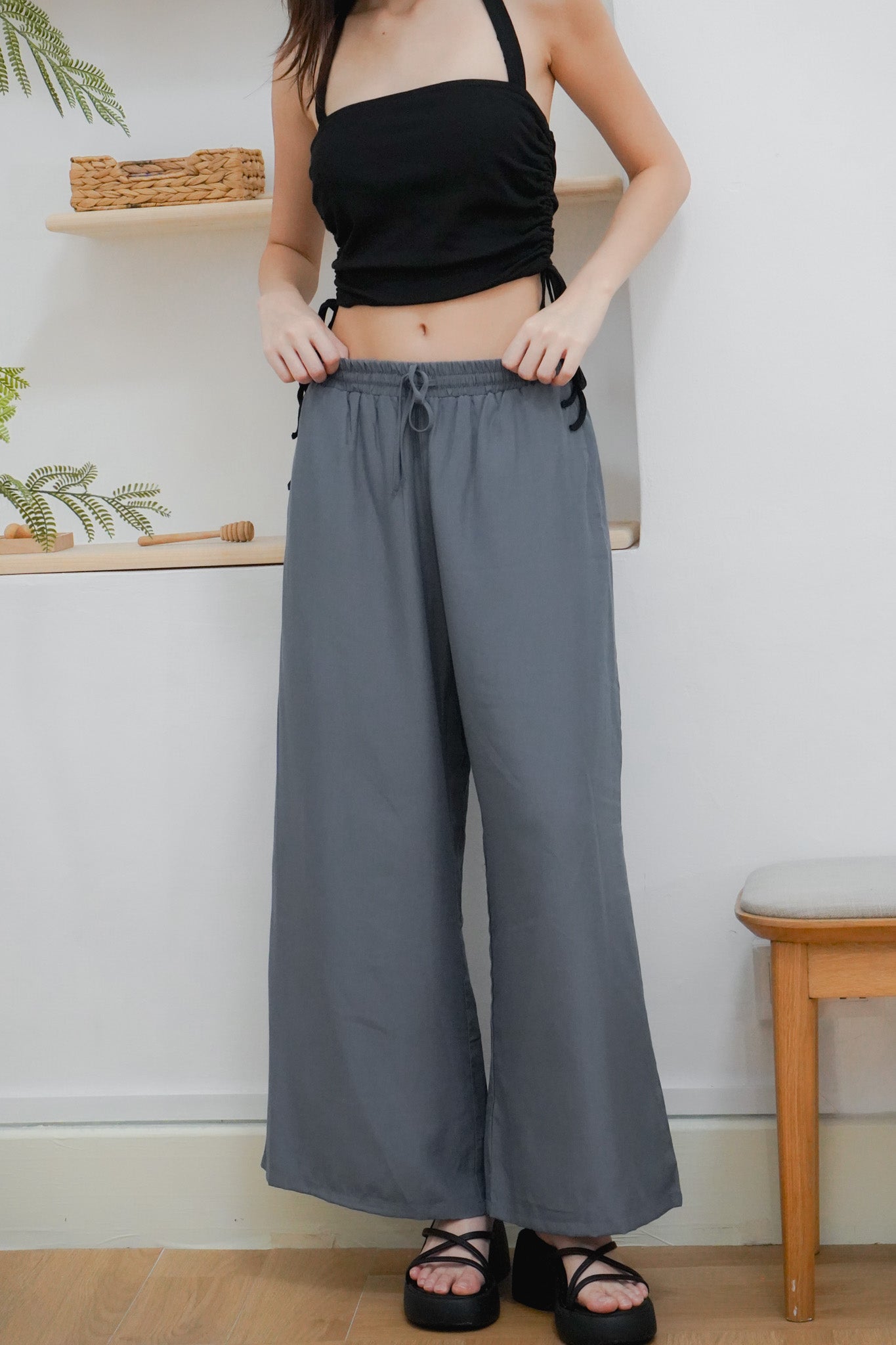 Junia Wide Leg Elastic Waistband Pants (Gunmetal)