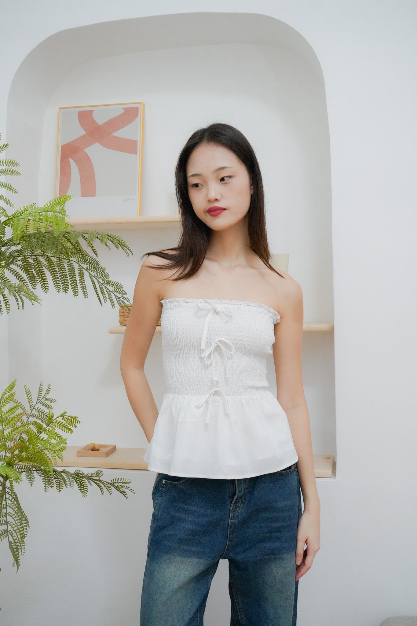 Amelie Smocked Ribbon Top with Detachable Straps (White)