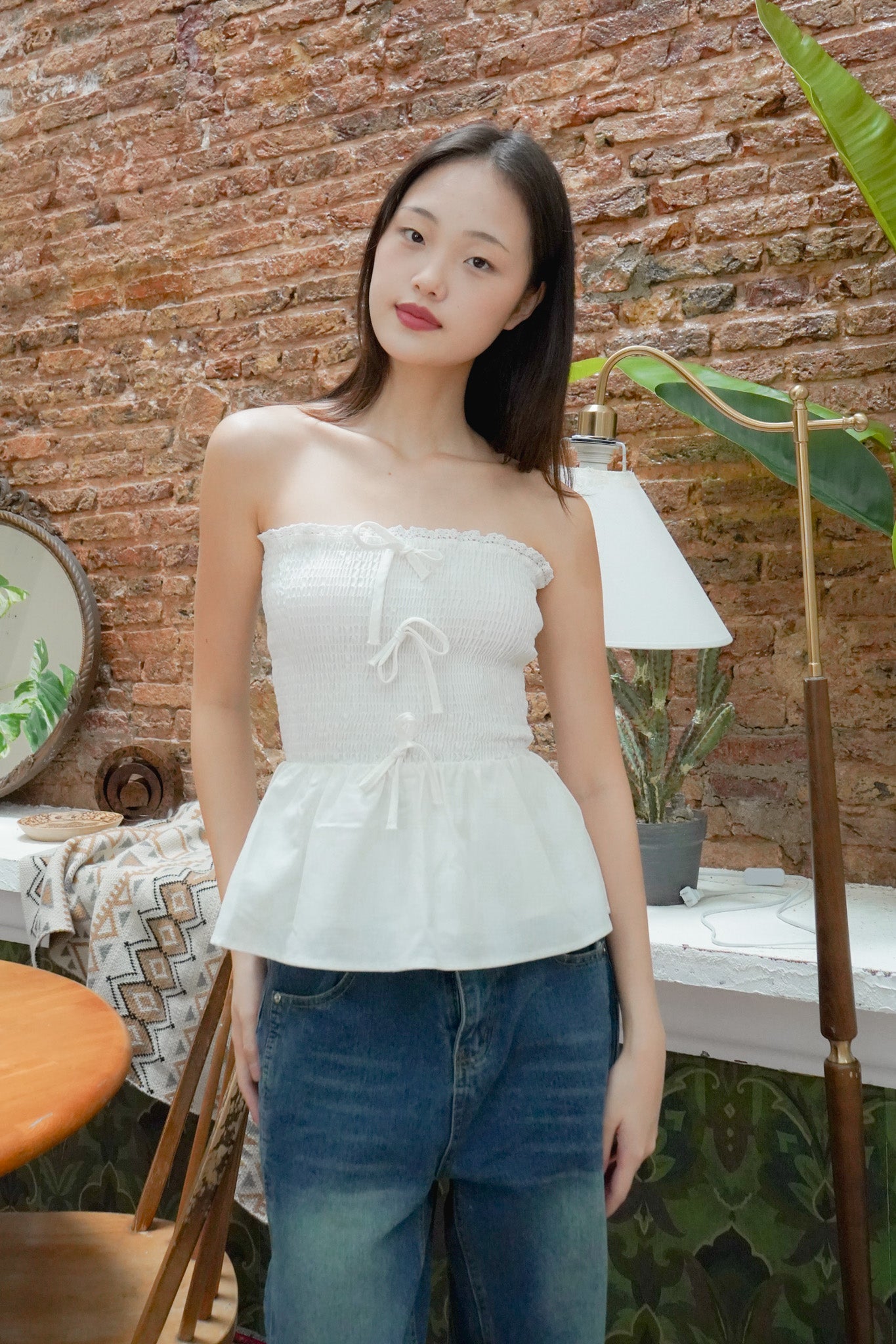 Amelie Smocked Ribbon Top with Detachable Straps (White)