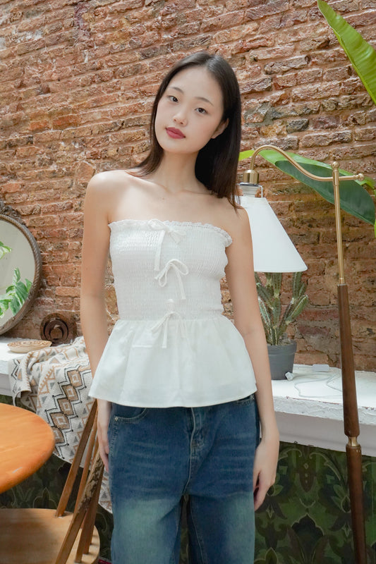 Amelie Smocked Ribbon Top with Detachable Straps (White)