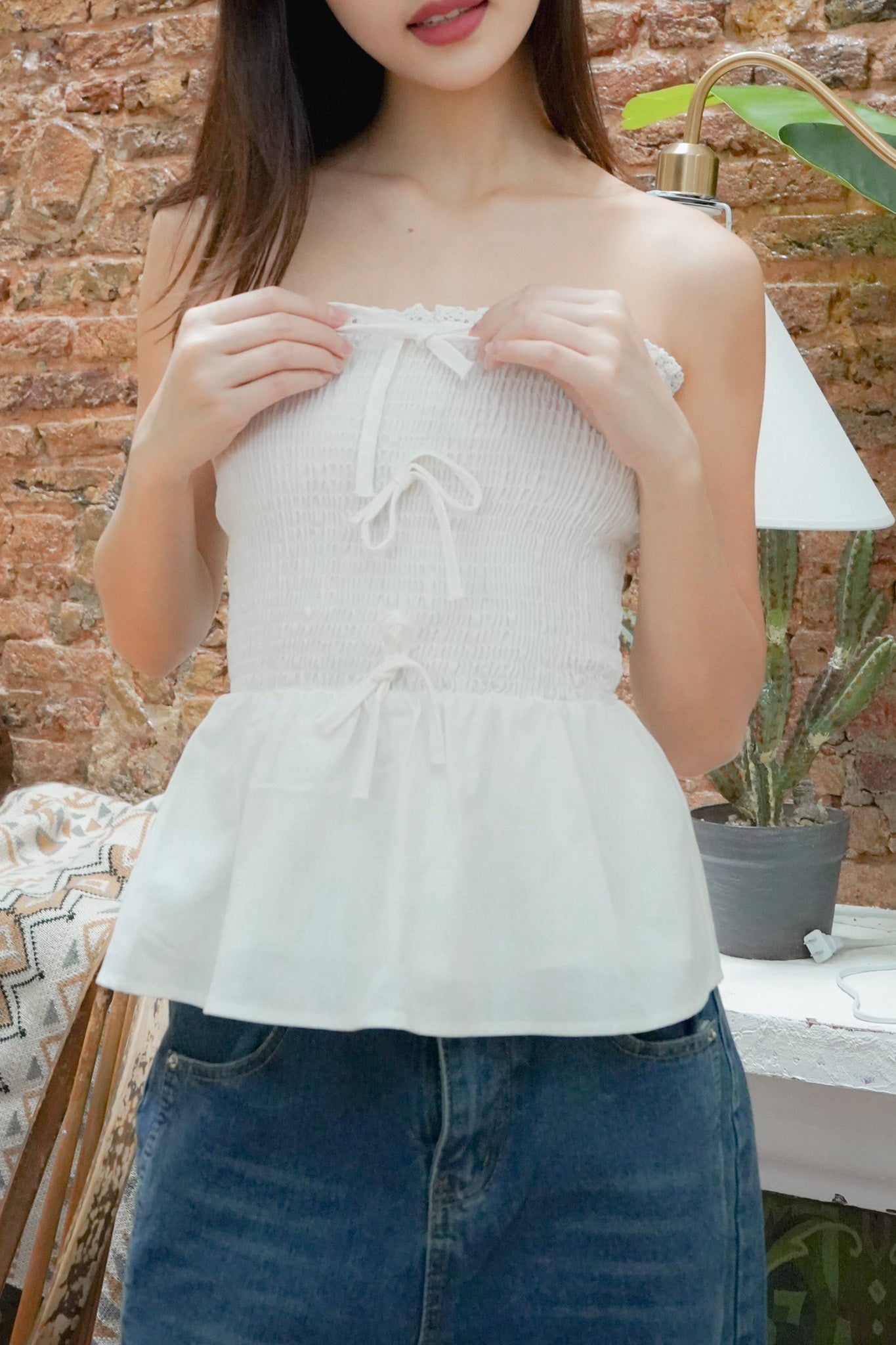 Amelie Smocked Ribbon Top with Detachable Straps (White)
