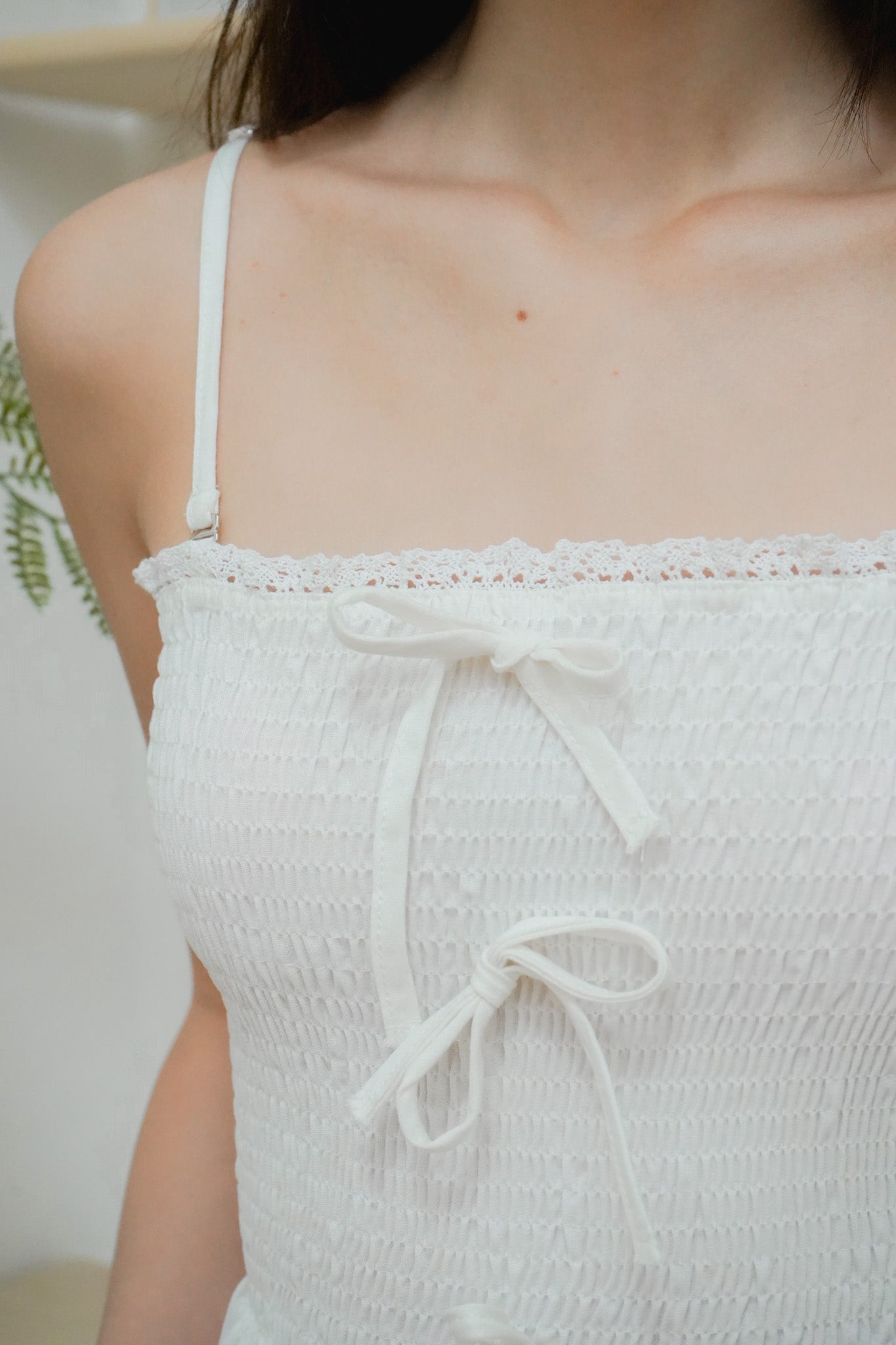 Amelie Smocked Ribbon Top with Detachable Straps (White)