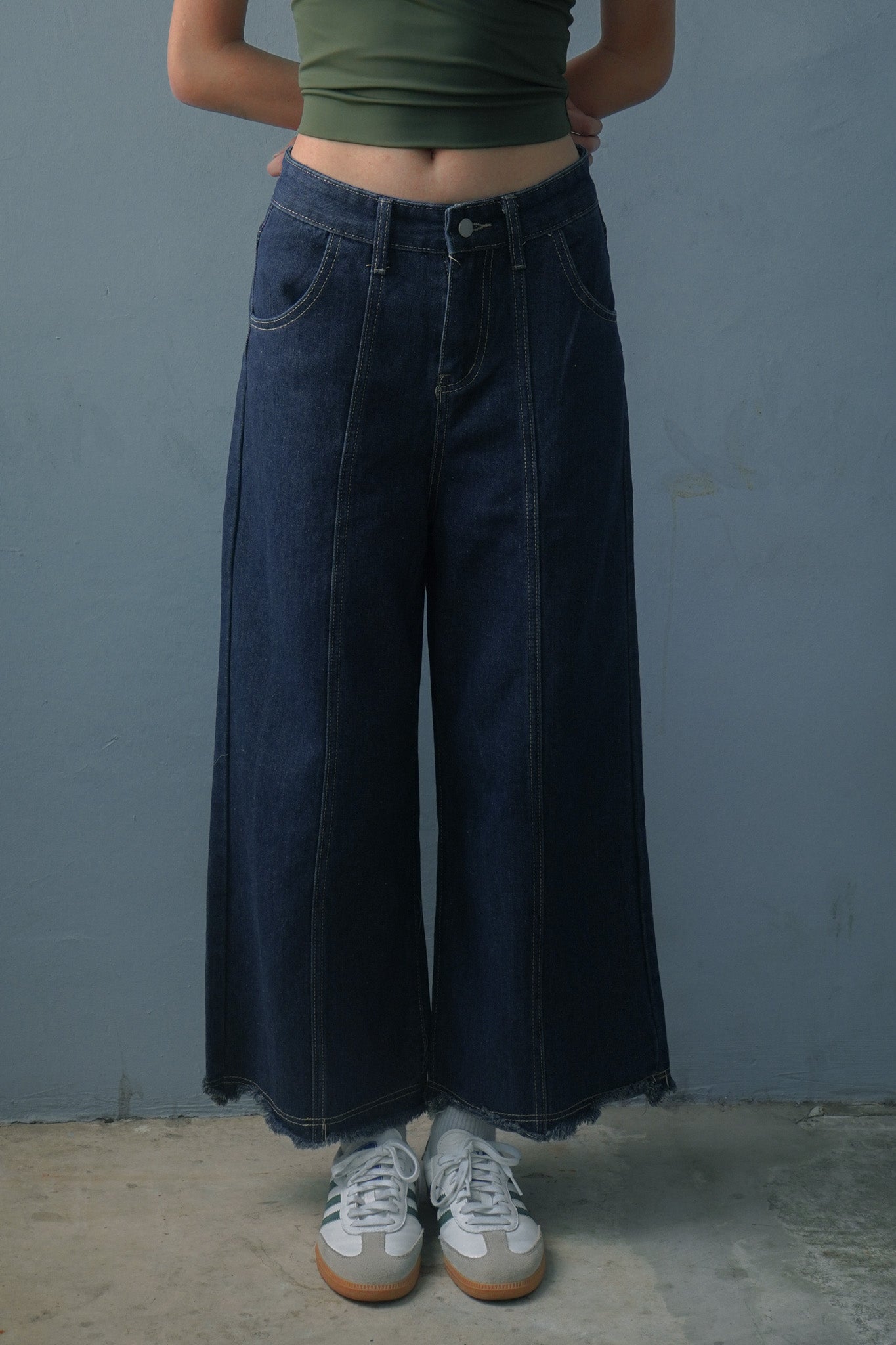 Mina Dark Denim Pintuck Wide Leg Jeans