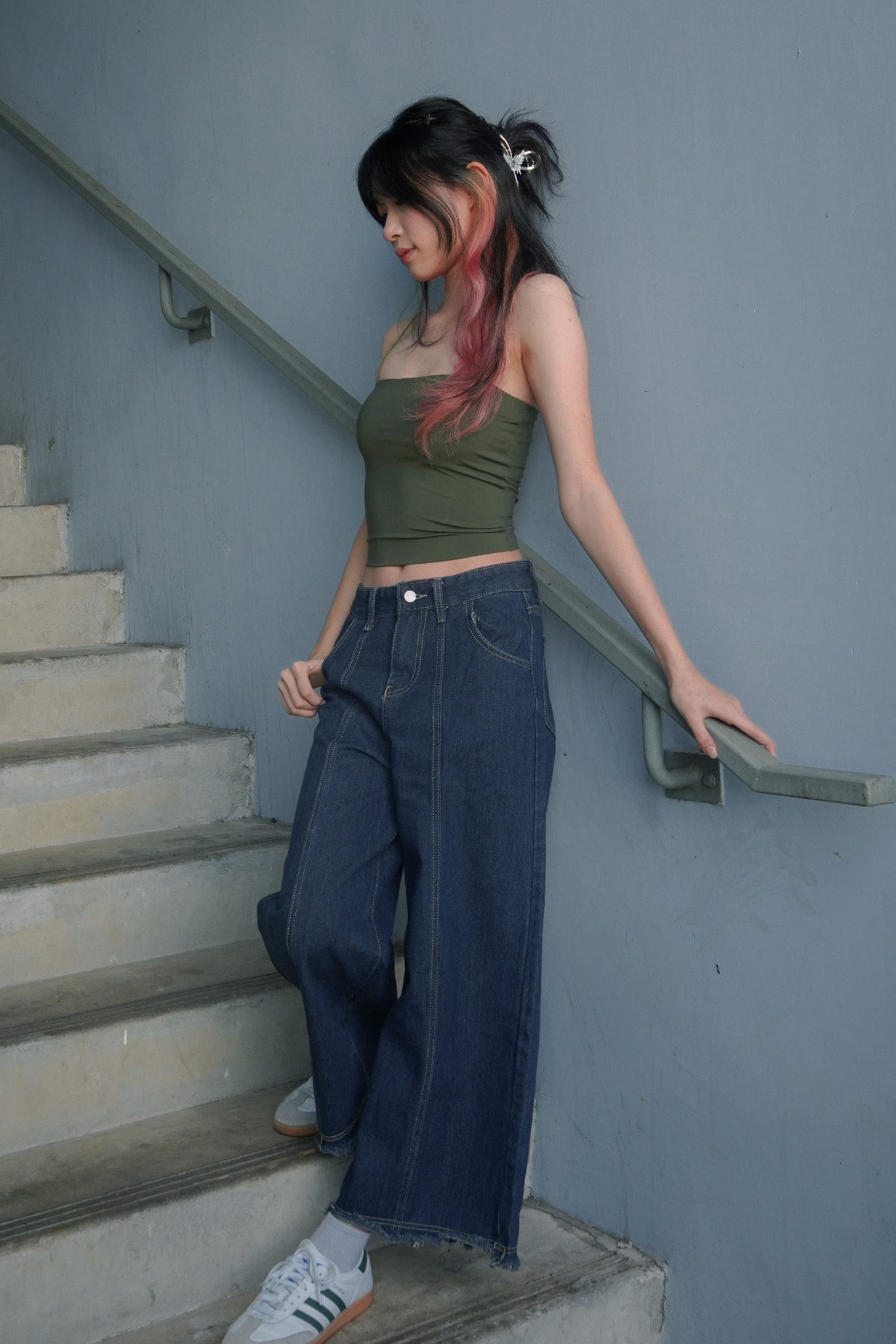 Mina Dark Denim Pintuck Wide Leg Jeans