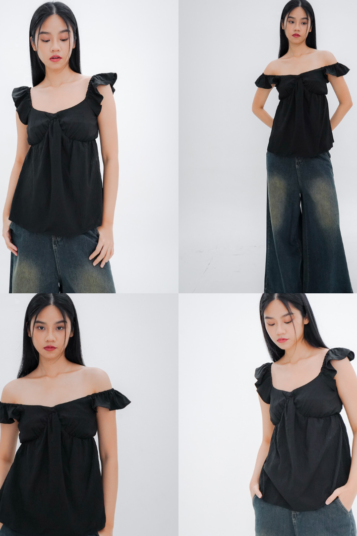 Ivy Flutter Longline Top (Black)