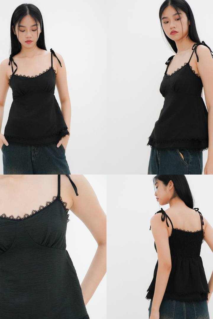 Lily Tie Shoulder Tiered Top (Black)