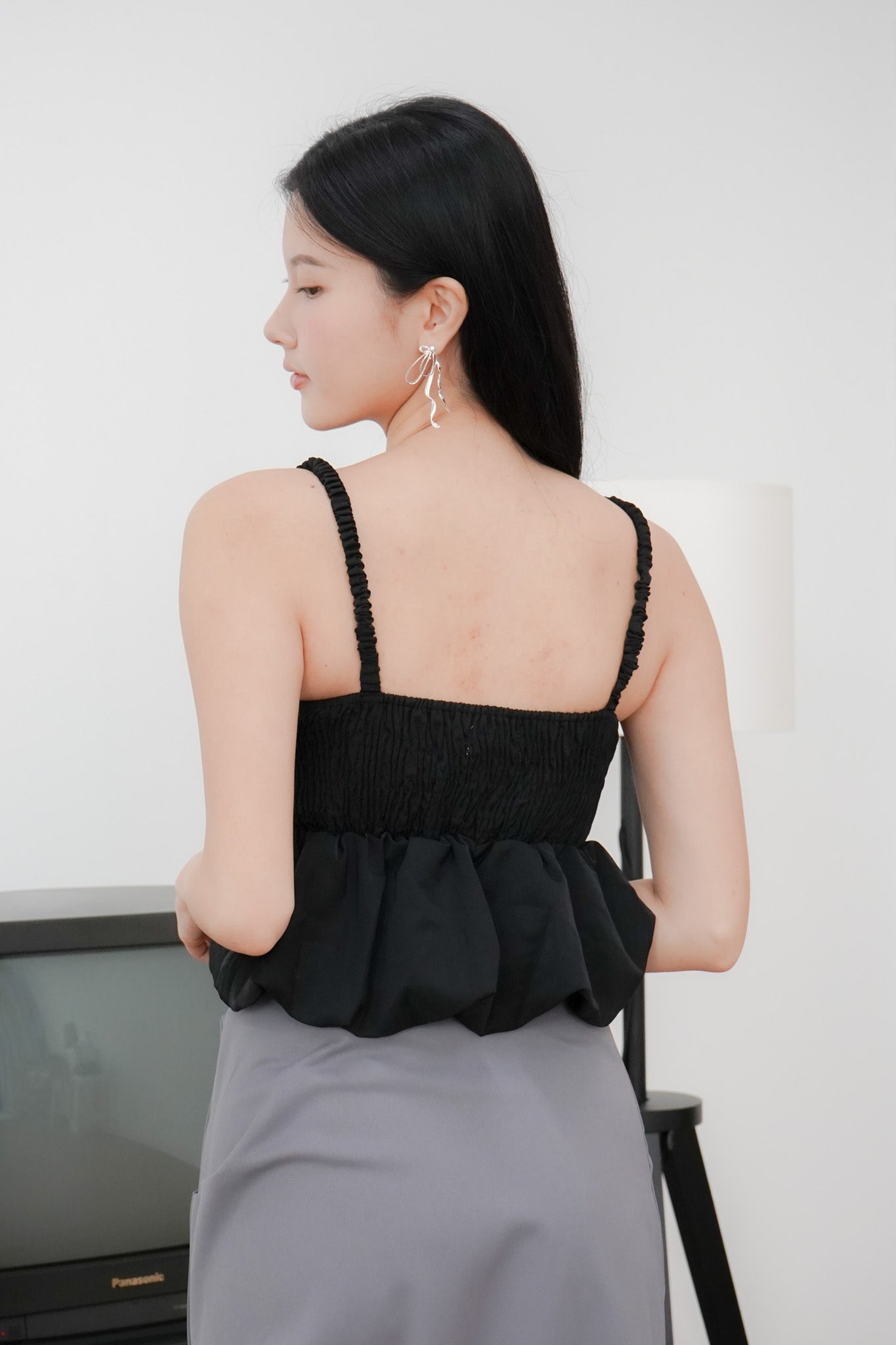 Arielle Bubble Hem Top with Scrunchie Straps (Black)