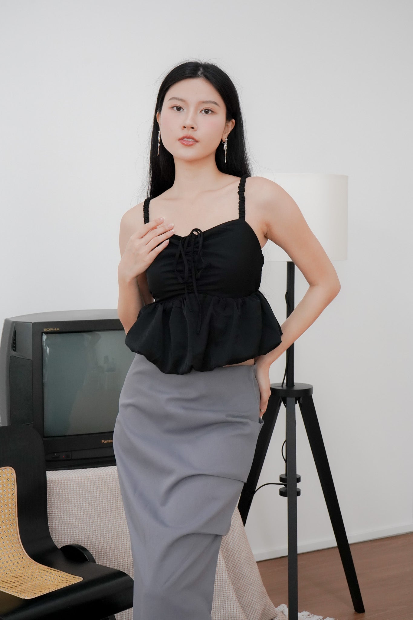 Arielle Bubble Hem Top with Scrunchie Straps (Black)
