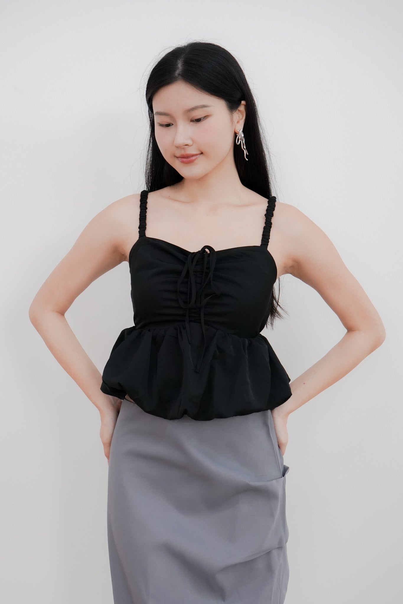 Arielle Bubble Hem Top with Scrunchie Straps (Black)