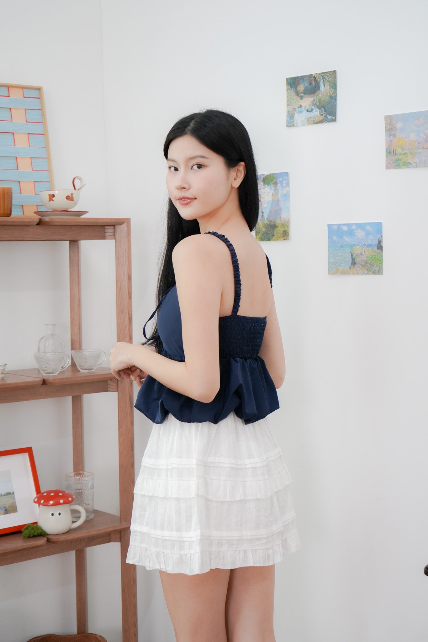 Arielle Bubble Hem Top with Scrunchie Straps (Navy)