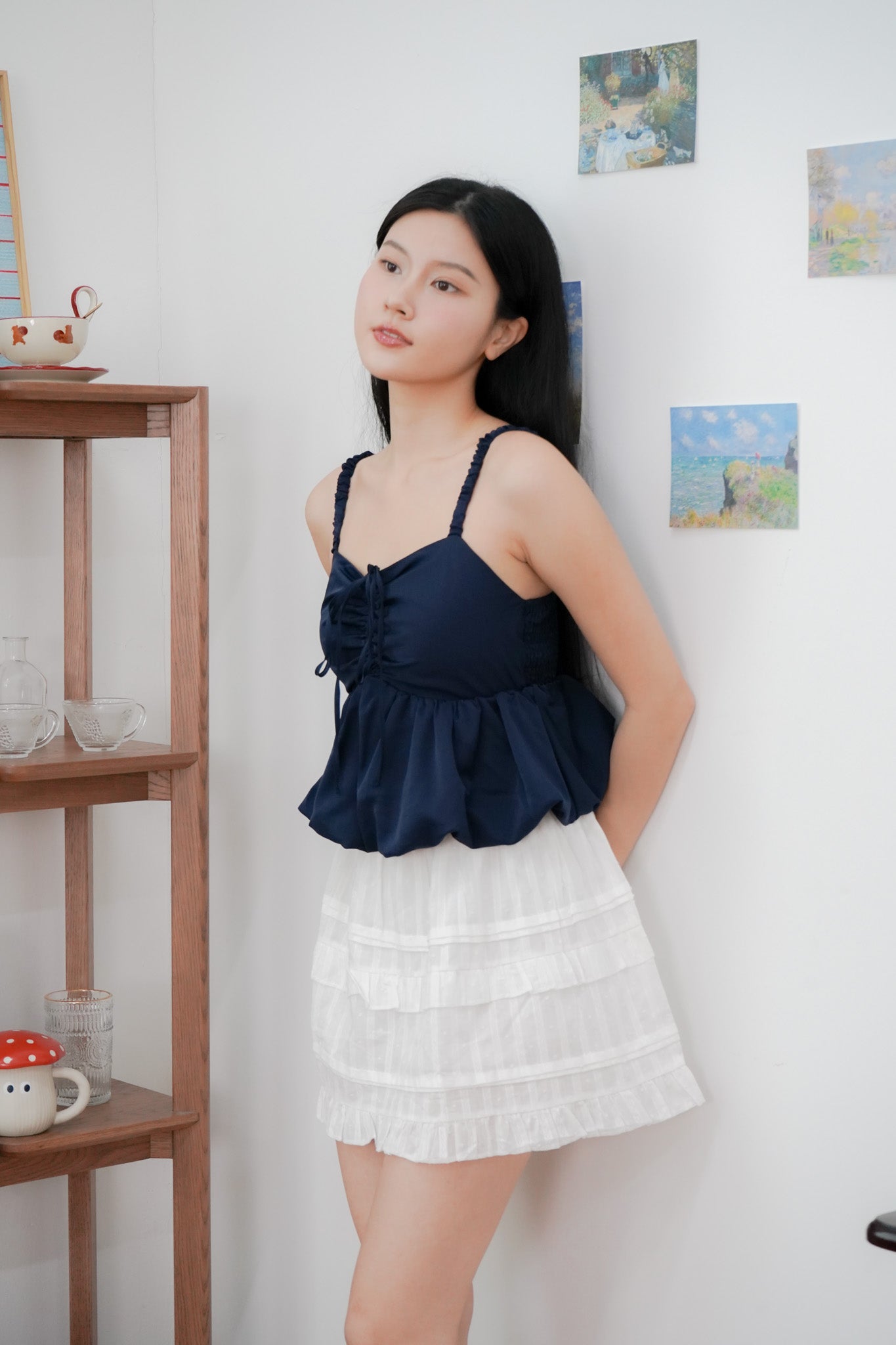 Arielle Bubble Hem Top with Scrunchie Straps (Navy)