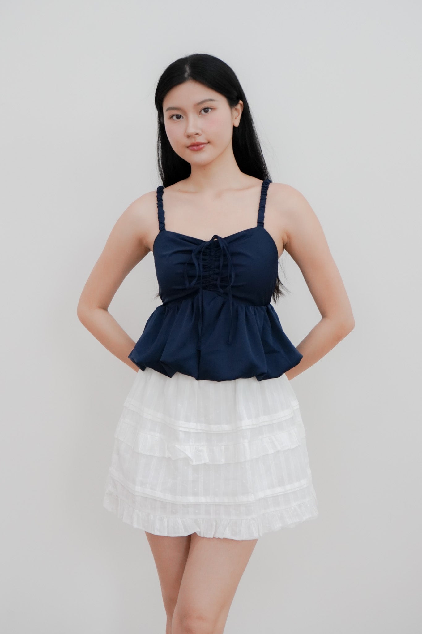 Arielle Bubble Hem Top with Scrunchie Straps (Navy)