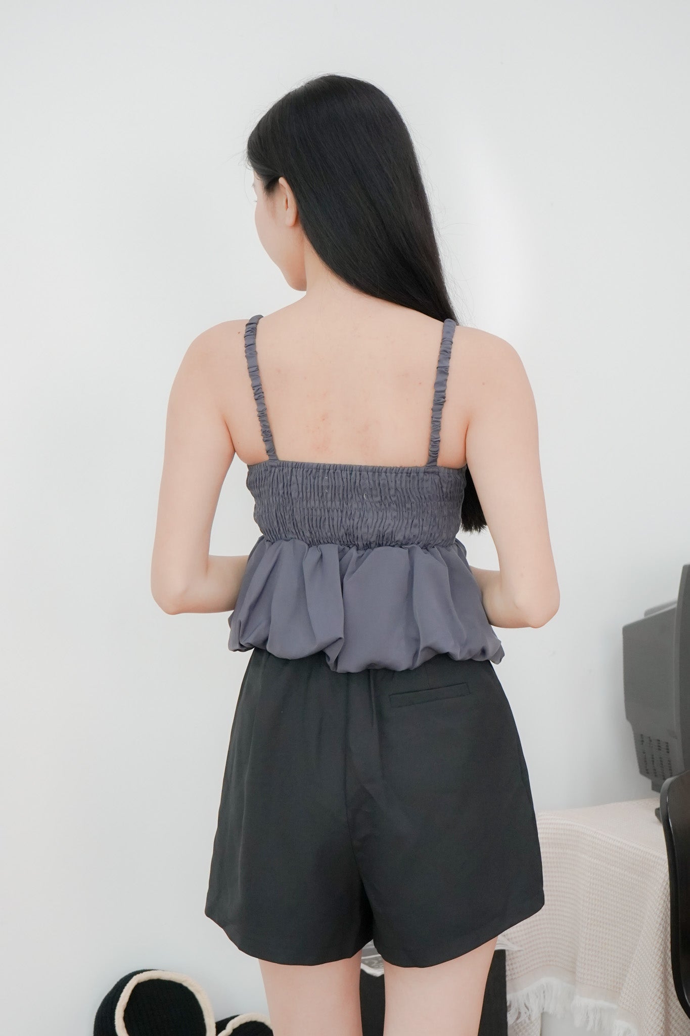 Arielle Bubble Hem Top with Scrunchie Straps (Gunmetal)