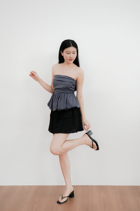Arden Bubble Hem Ruched Tube Top (Gunmetal)