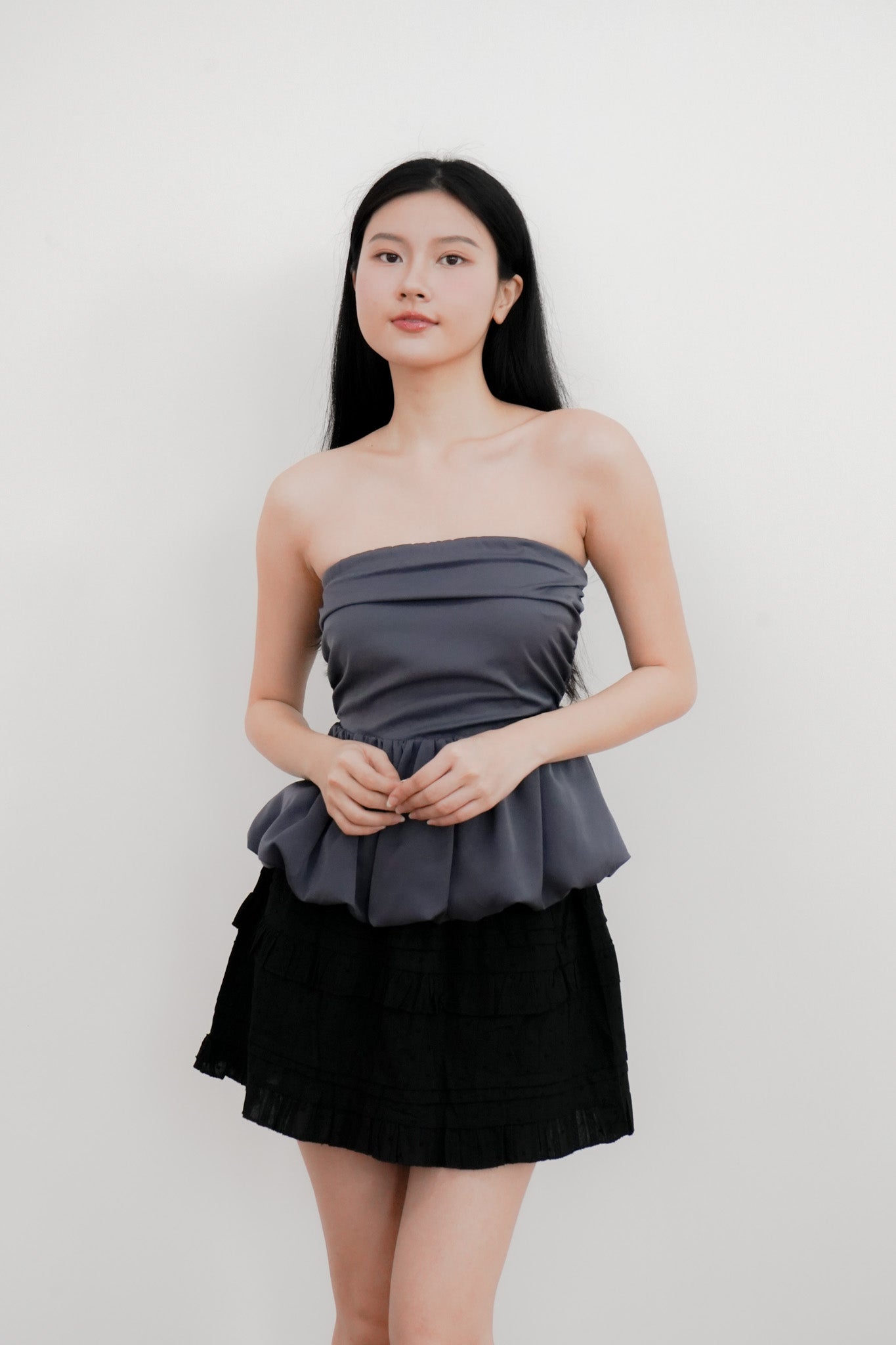 Arden Bubble Hem Ruched Tube Top (Gunmetal)