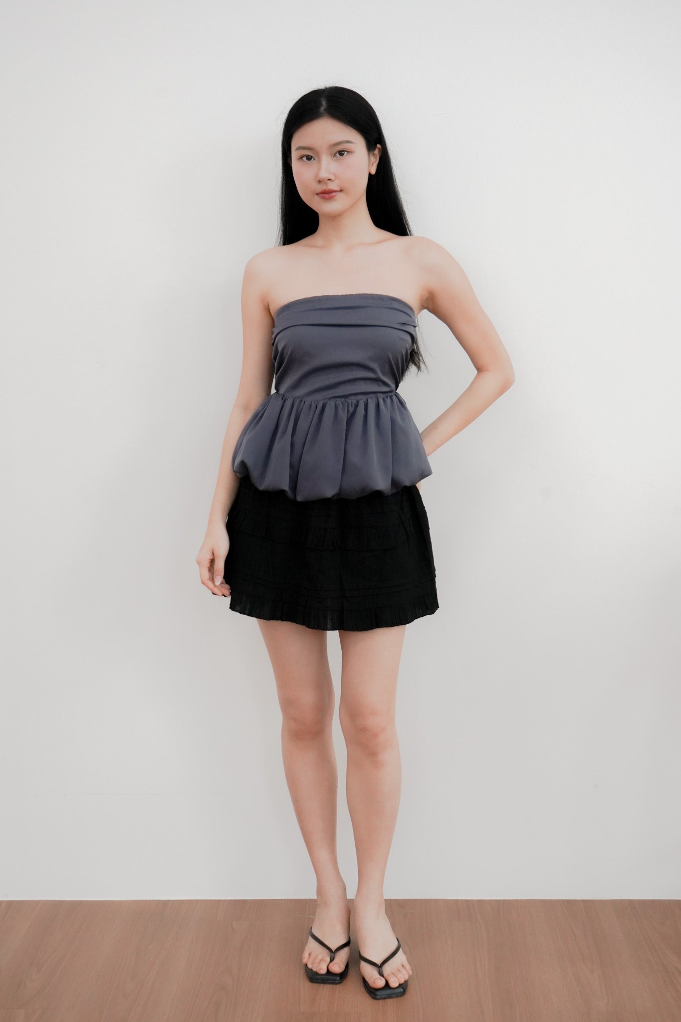 Arden Bubble Hem Ruched Tube Top (Gunmetal)